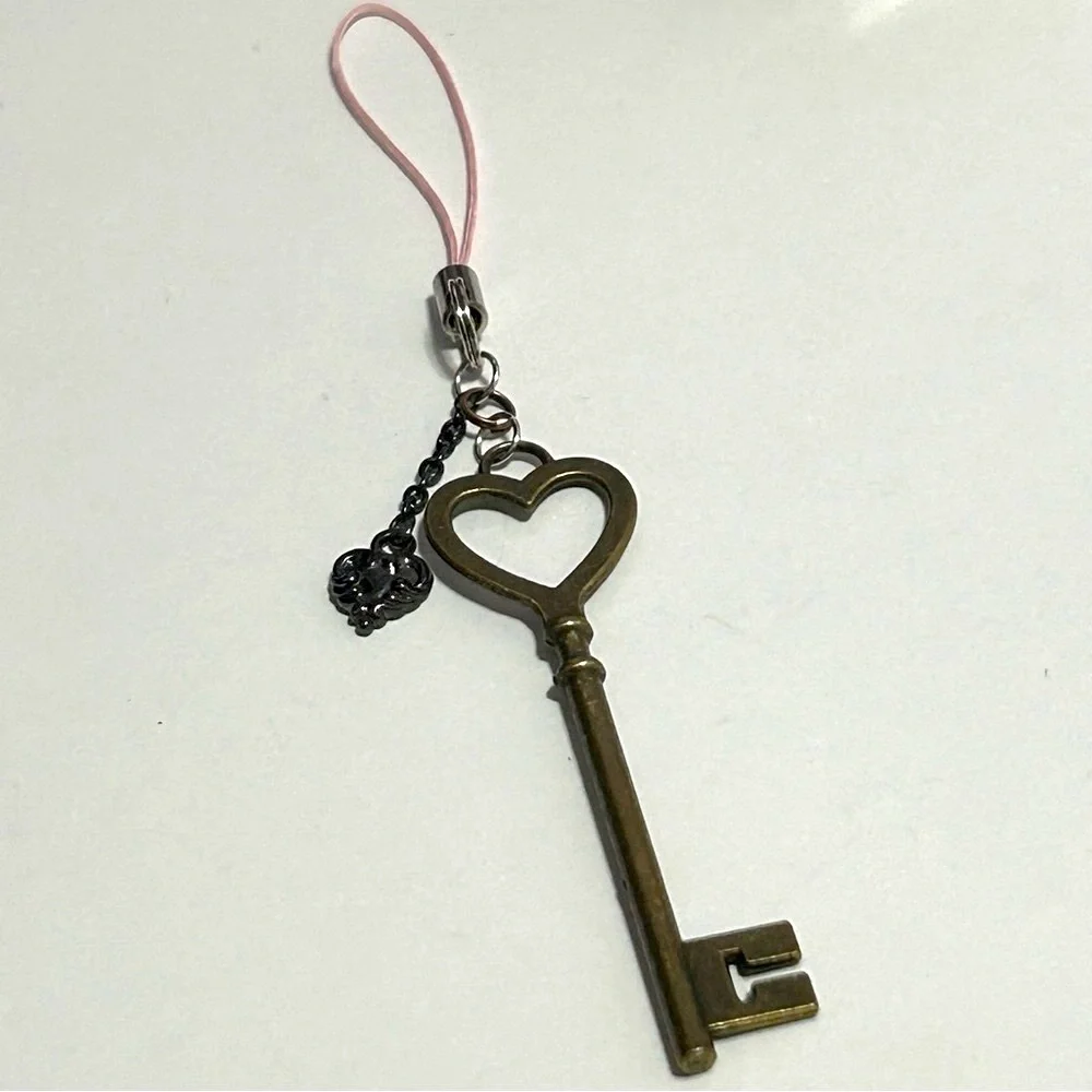Heart Shaped Key, Bag Charm, Cellphone Charm, or Keychain Pink and Bronze